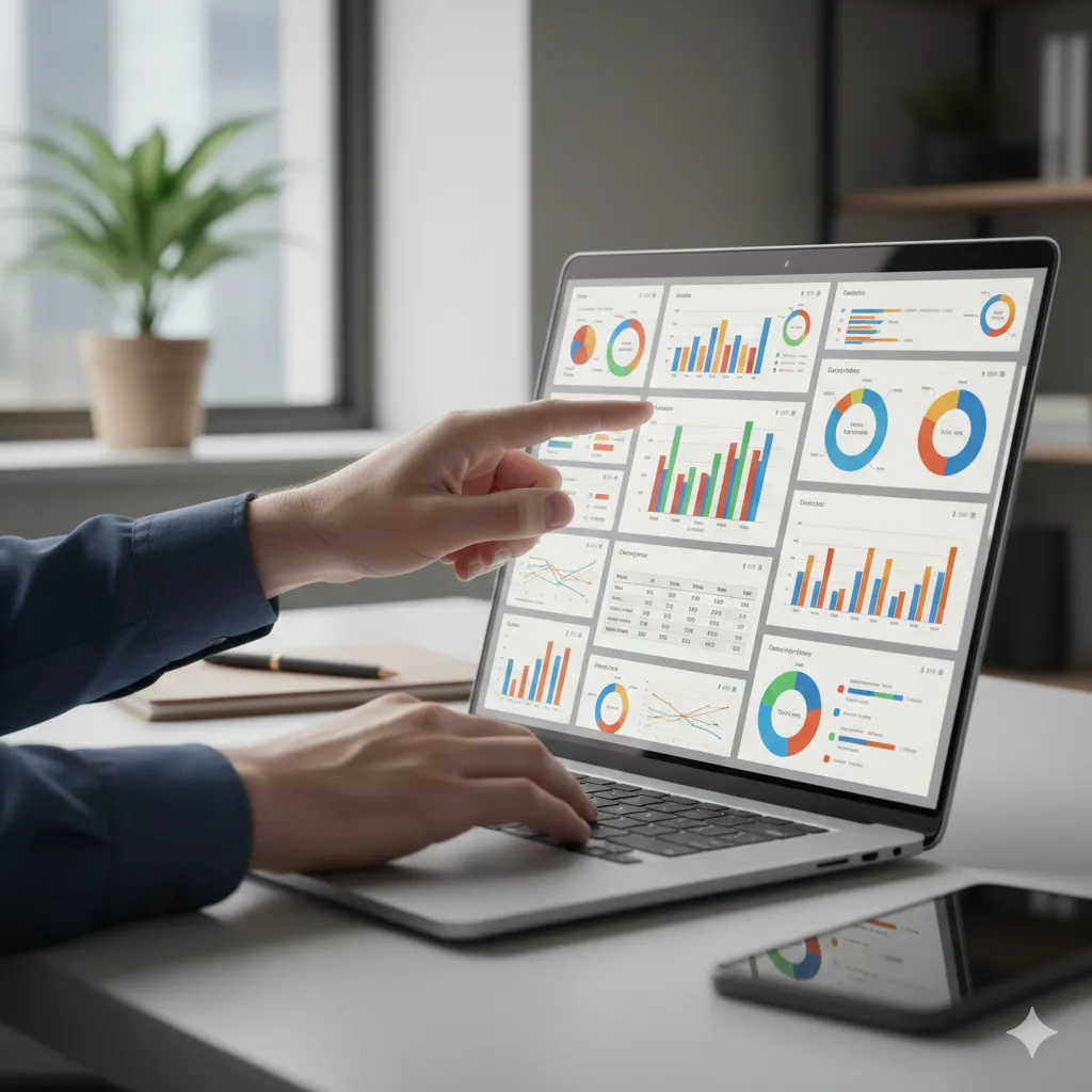 business dashboard multiple charts laptop pointing
