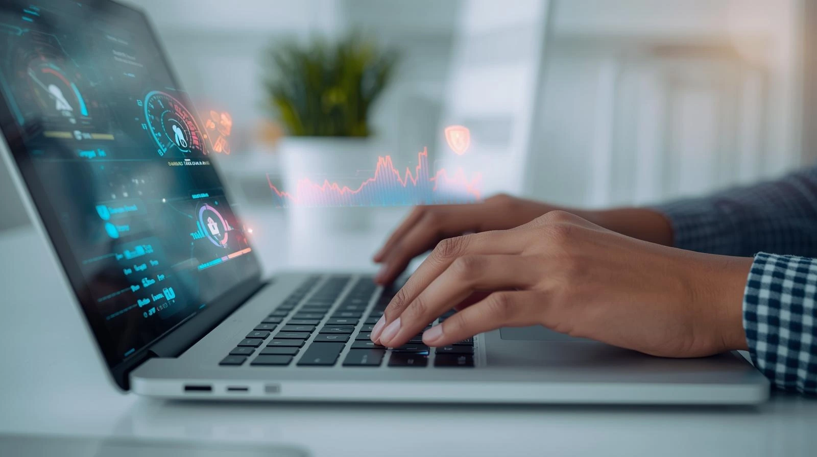 holographic data overlay laptop typing