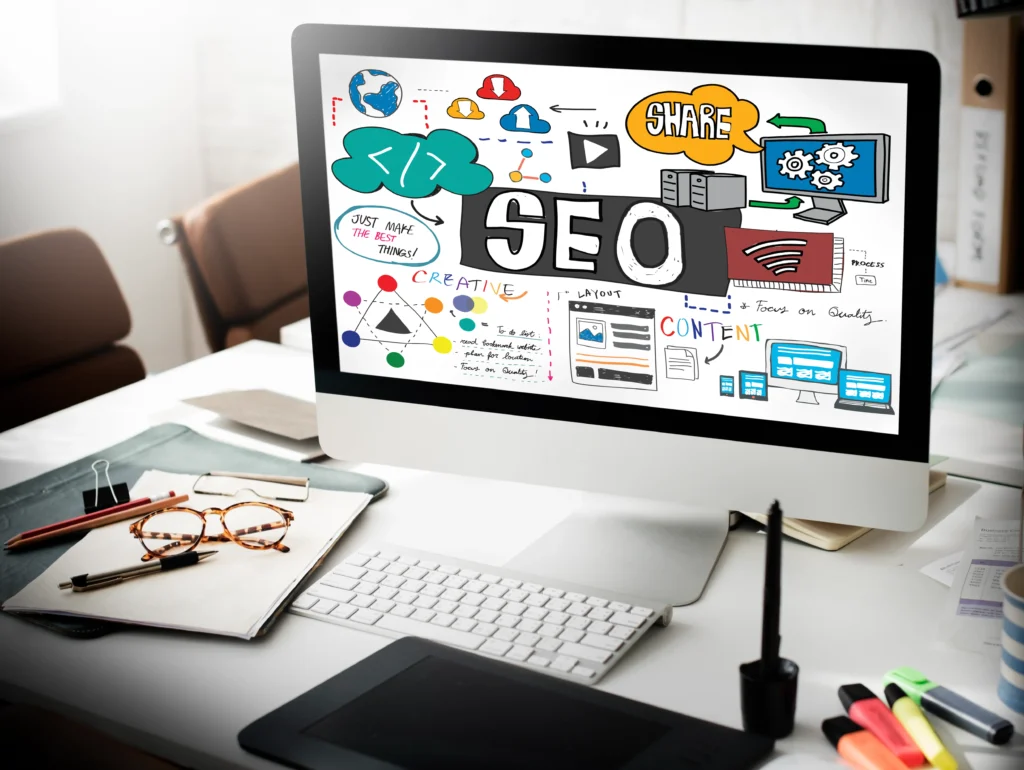 SEO strategy illustration content marketing creative layout