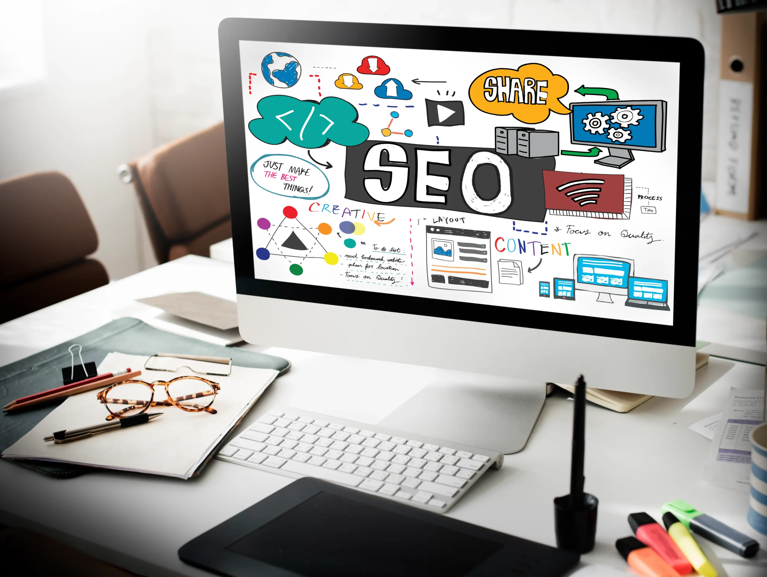 SEO strategy illustration content marketing creative layout