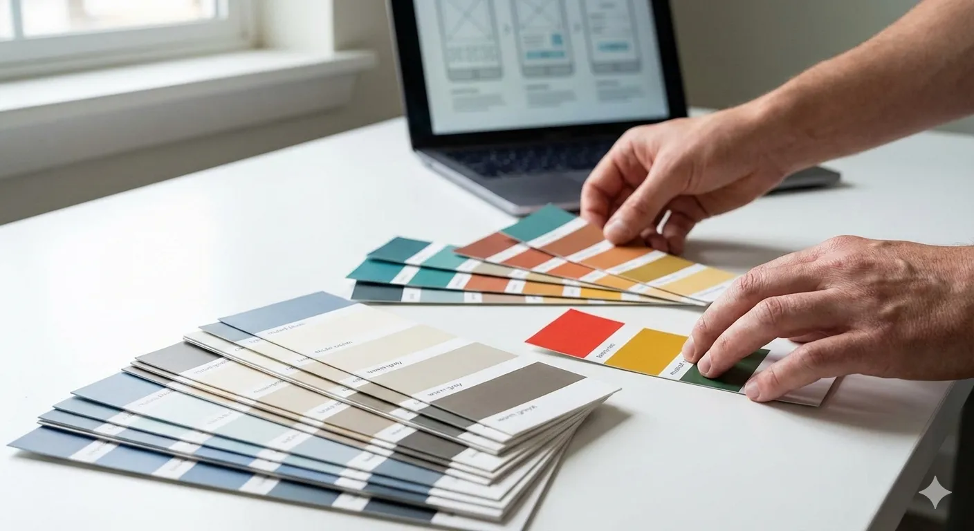 website wireframe design laptop color swatches