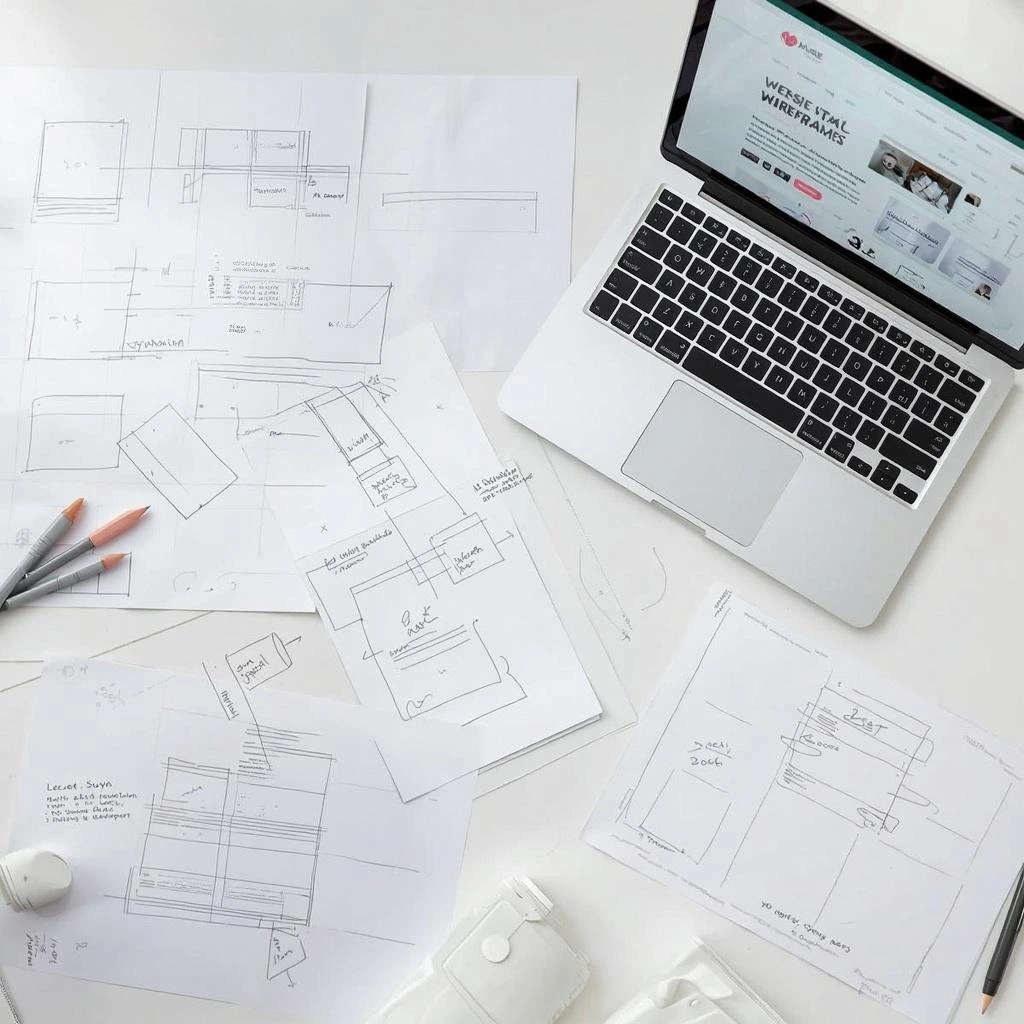 website wireframe sketches laptop workspace